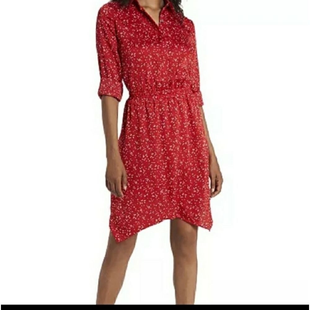Vince Camuto Womens Spiced Red Dot Print Handkerchief Hem Shirt Dress Size M NEW